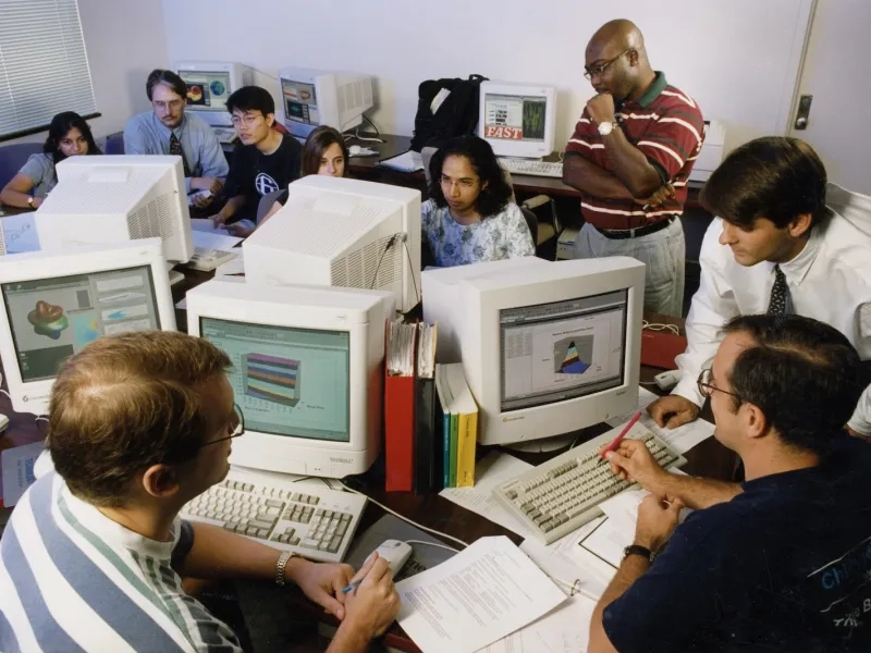 Carnegie Mellon students around computers in the late 80s